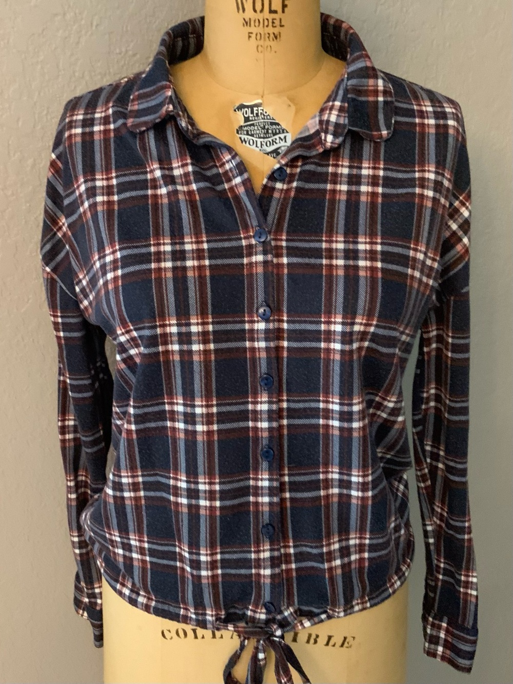 Eden & Olivia Navy and Red Plaid Flannel Button-Front Drawstring Waist Blouse
